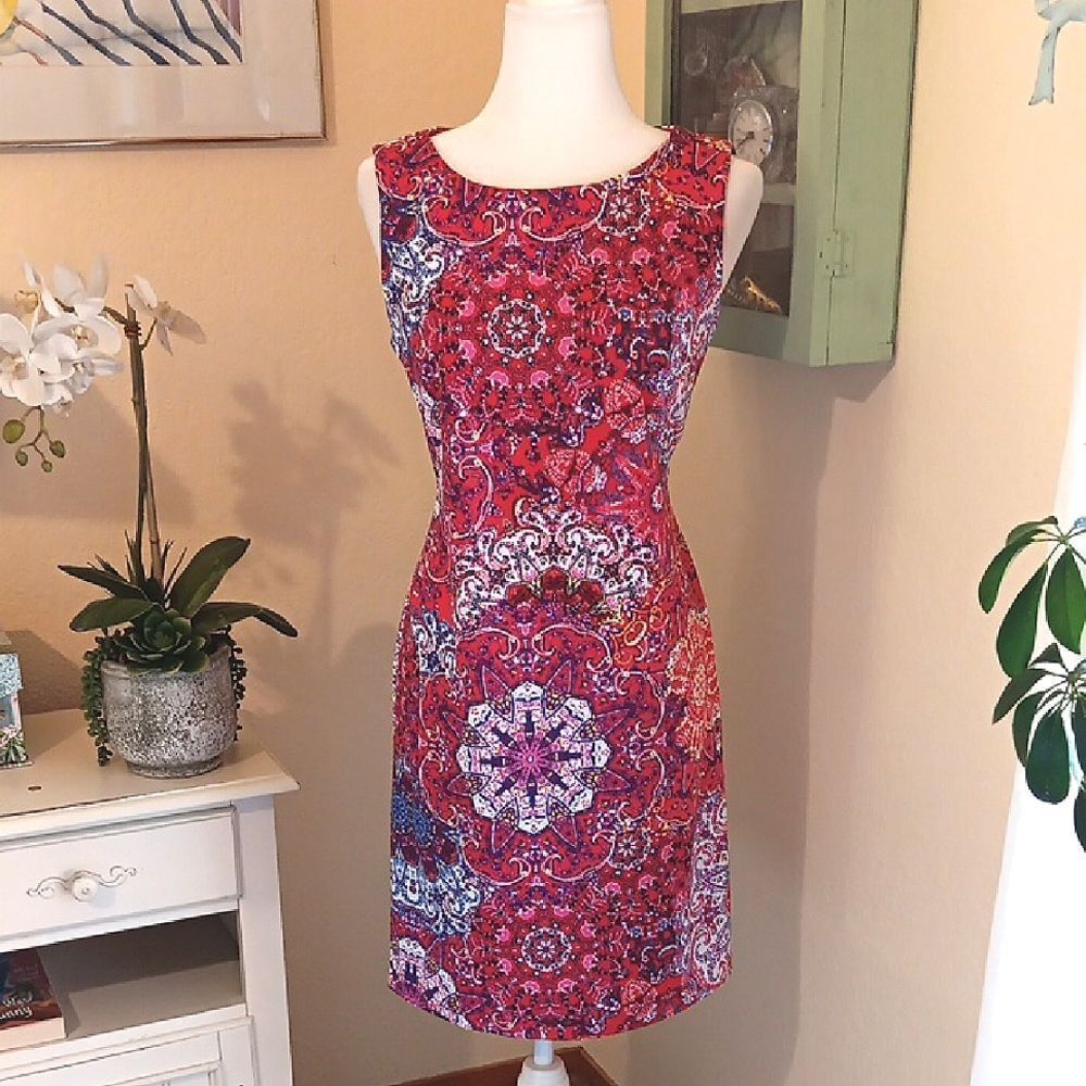 Alyx Vibrant Pink and Red Midi Dress. Bold. Arabesque.  Colorful.